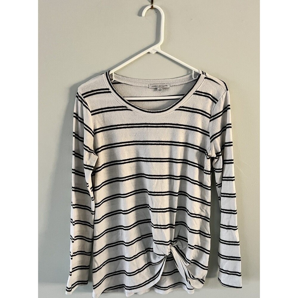 Green Envelope Striped Twist Front Long Sleeve Round Neck Blouse Size S